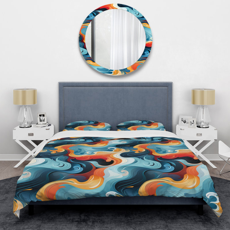 Ensemble de housse de couette Blue and Orange Swirling Harmony Waves III, Housse de couette simple + 1 taie décorative stan