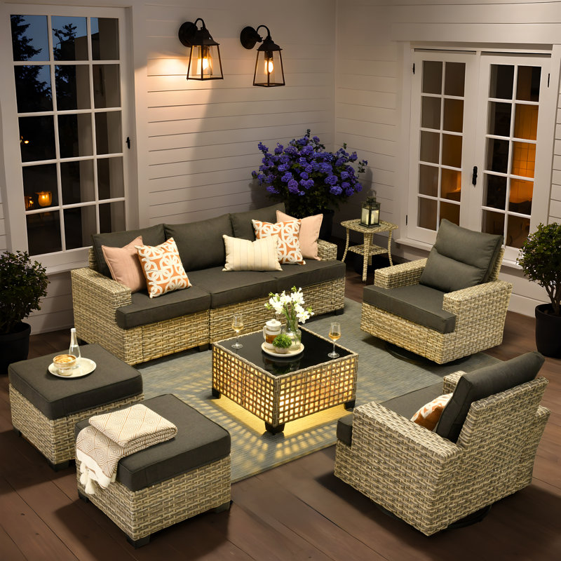 Outdoor Rattan Woven Sofa With Luminous End Table And Swivel Chair, Black