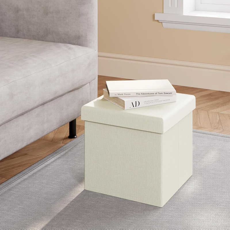 Quirrels 38cm Wide Square Solid Colour Cube Ottoman with Storage, Cream colored linen