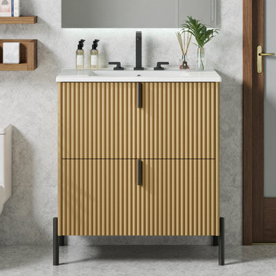 30" Natural Fluted Bathroom Vanity with Ceramic Sink and Soft Close Drawers