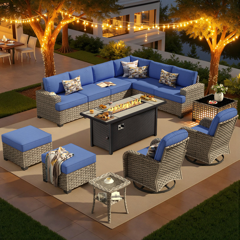 Carolle 13 Piece Patio Sectional Furniture With Swivel Rocking Chairs, Rattan Wicker Coversation Set With Glowing Coffee Table, Outdoor Sofa Set With Fire Pit For Outside Porch Balcony Backyard Pool