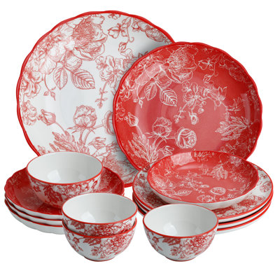 12-Piece Dinnerware Set, Porcelain Plates With Rose Queen Style Dinnerware Set, Service For 4, Microwave And Dishwasher Safe