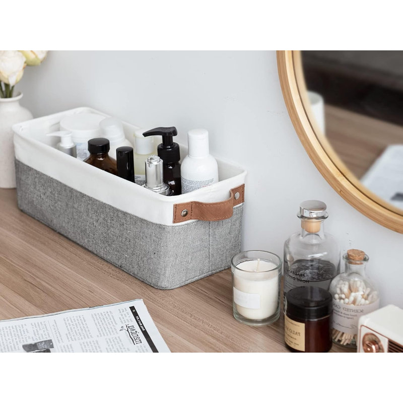 Paniers de rangement étroits, petits paniers, gris et blanc, paquet de 2 avec structure en métal, structure robuste, poignées en polyuréthane, rangement pour papier hygiénique, bacs de rangement longs