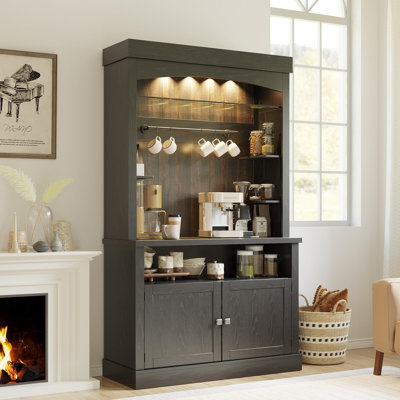 72" Tall Farmhouse Coffee Bar Cabinet with LED Lights – Wine Rack, Glass Shelf, Microwave Stand, Ample Storage – Large Kitchen Sideboard for Dining/Living Room – Black Relief + Dark Oak Back