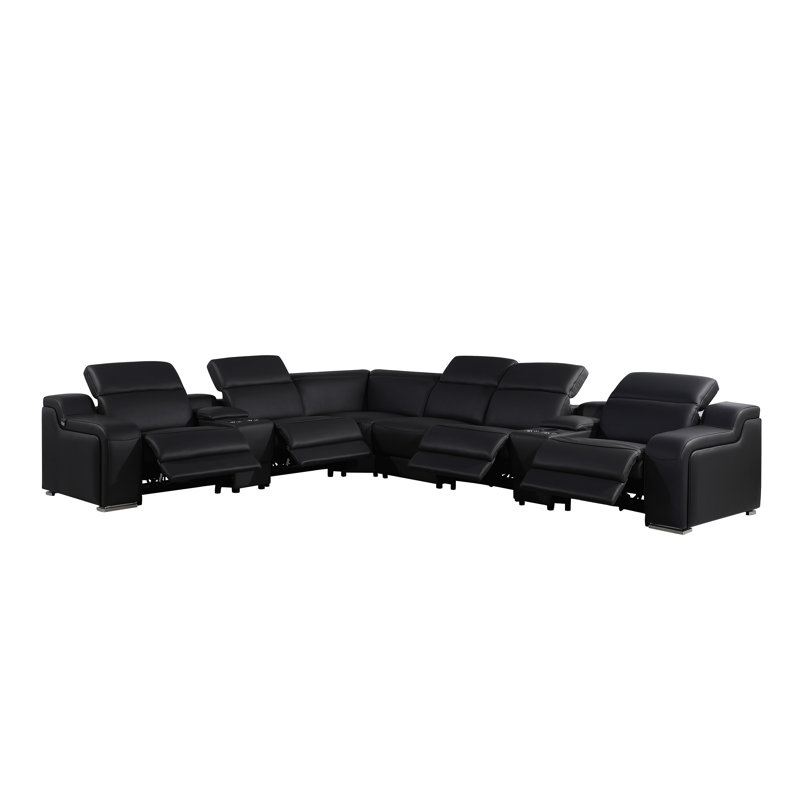 Stanuta 8 - Piece Top Grain Italian Leather Power Reclining Sectional, Black Genuine Leather