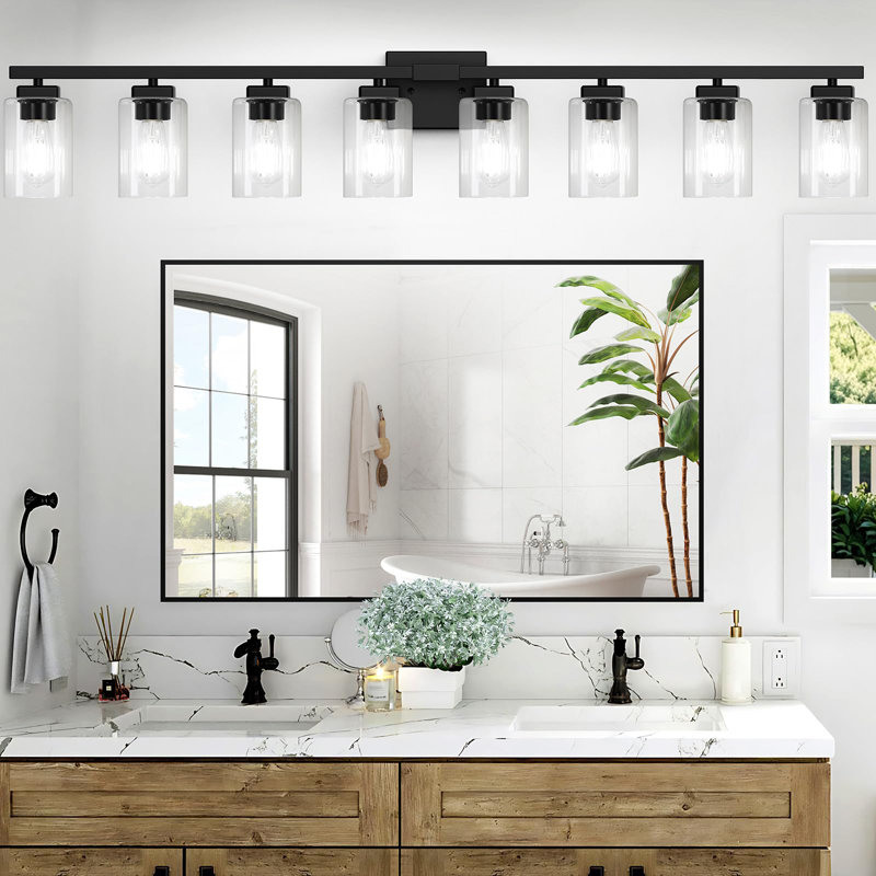  27" Bathroom Light Fixture, Black, 12" H x 50" W x 12" D, 8 Lights