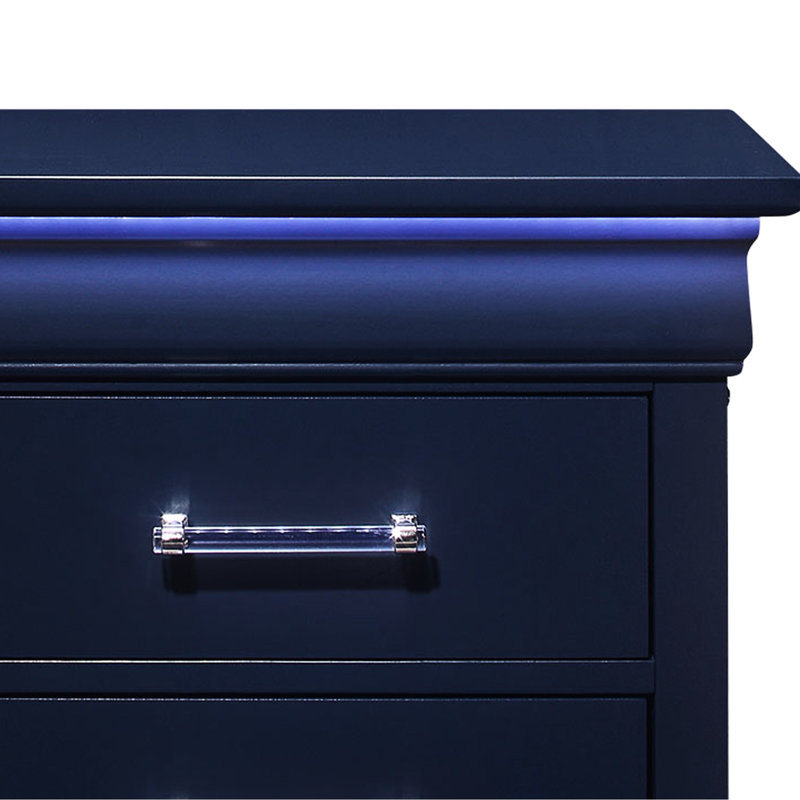 Blue Spacious Nightstand With Led - Transitional Look 2 Spacious, Solid &