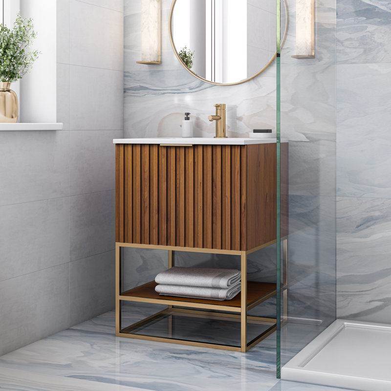 Terra 24'' W Single Vanity, White Quartz/Single Faucet Mount, Satin Brass
