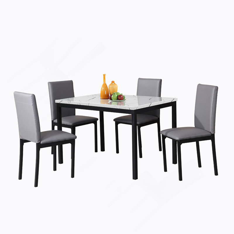 Ensemble de salle à manger 5 pièces en métal avec plateau en faux marbre stratifié, table de salle à manger avec 4 chaises