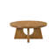 Ensemble de table moderne 3 pièces : 1 table basse et 2 tables d'appoint. Pied central avec découpe, plateau rond, fini noyer. Mobilier de salon.