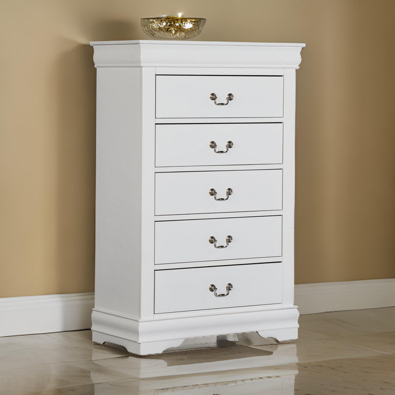 Ryla Tall Dresser Chest, 5 Drawers, Nickel Metal Handles, Solid Wood, White 1