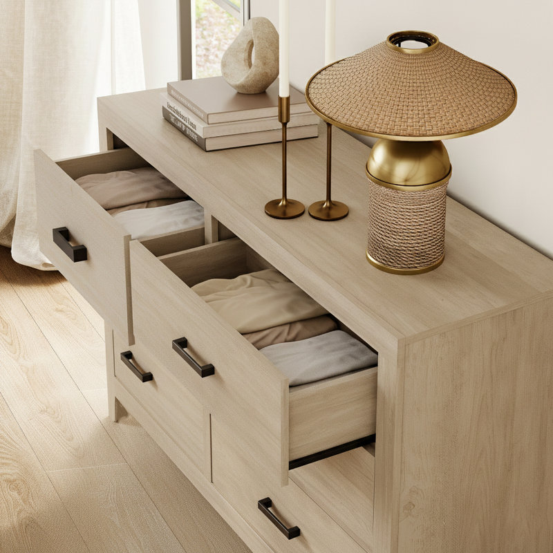 Commode 6 tiroirs pour la chambre à coucher, commode double en bois de 53 po de large avec grands tiroirs, commode rustique de style campagnard, rangement en chêne pour le salon,