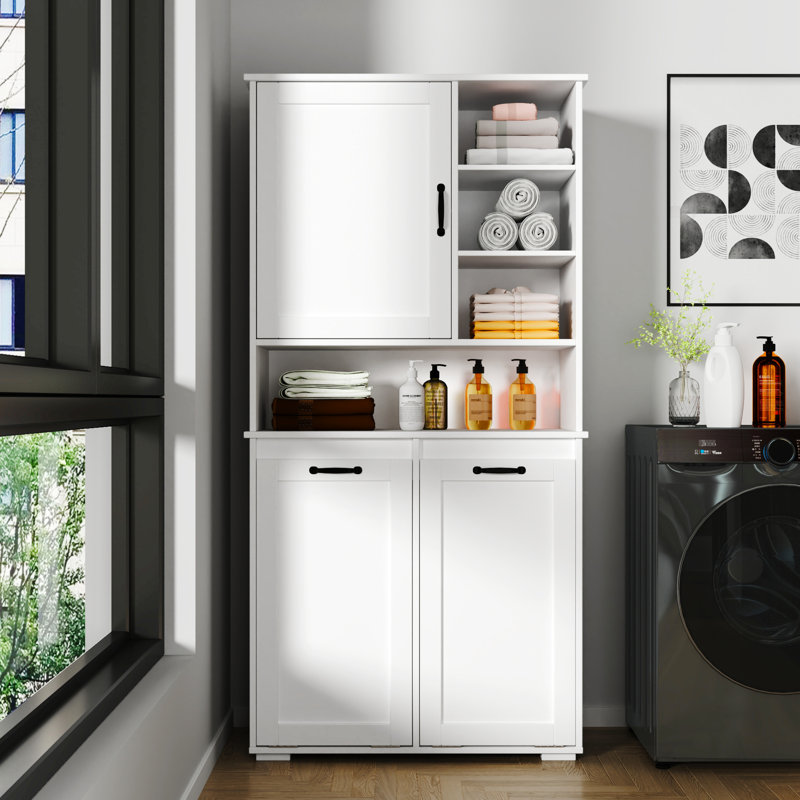 Doors And Shelf Laundry Cabinet - Tilt-Out Hamper, Ample Storage, Freestanding, White, Adjustable Shelves Freestanding Storage Doors, Shelf, Easy Maintenance,