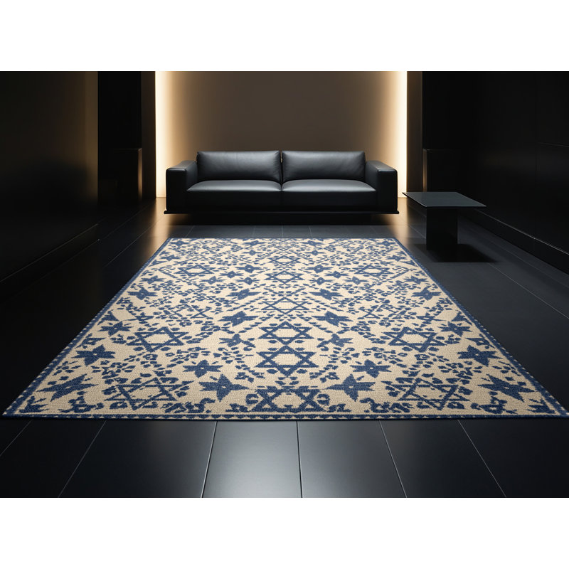 Soft Plush Faye Hanukkah Modern & Contemporary Abstract Area Rug in Beige – Navy Binding, 4x6