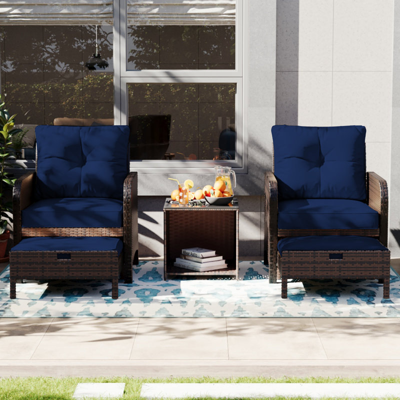 5-Piece  PE Wicker Rattan Rattan Seating Patio Conversation Sets With Ottoman, Navy Blue