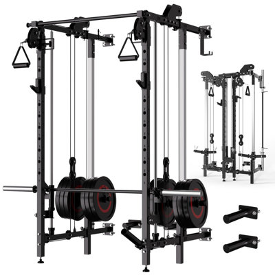 Support à squats pliable, support électrique mural avec système de poulie double et barre de traction, équipement de gymnastique à domicile multifonctionnel peu encombrant