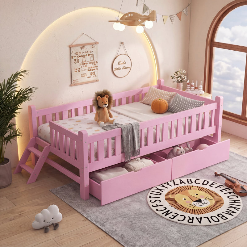 Lit plateforme simple en bois avec garde-corps et 2 tiroirs, rose, Rose