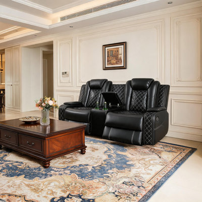 Black Breathable Faux Leather Recliner Loveseat With Led Ambient Lighting, Usb Charging, Cup Holders & Storage Bucket