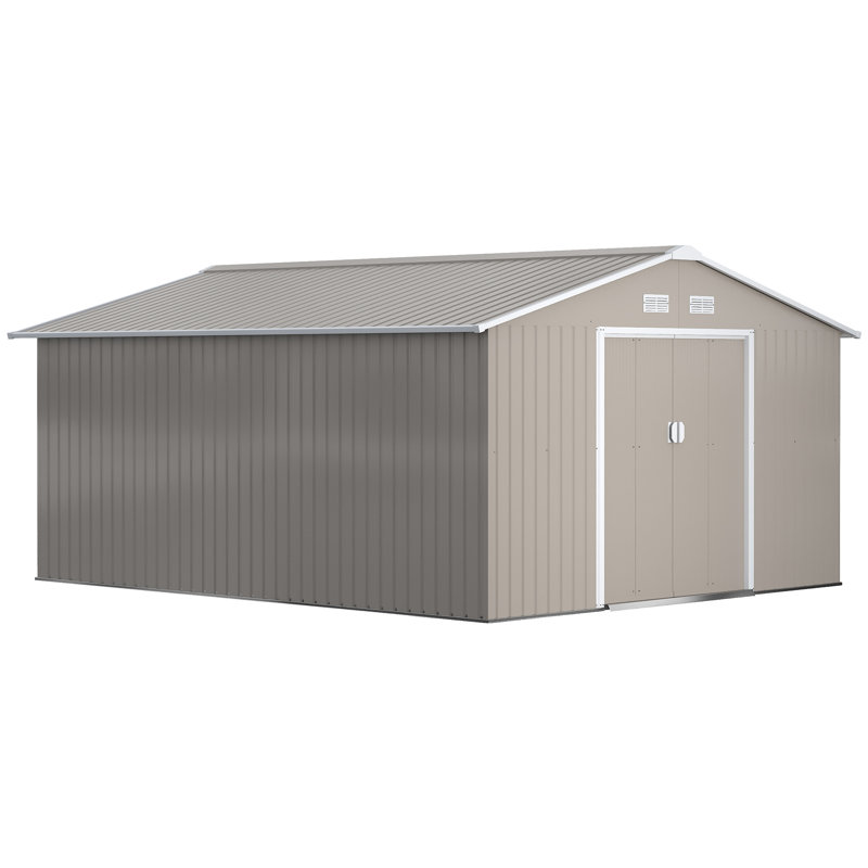 Outsunny 13 x 11ft Metal Garden Shed, Outdoor Storage Tool House with Ventilation Slots, Foundation Kit and Lockable Double Doors, Grey