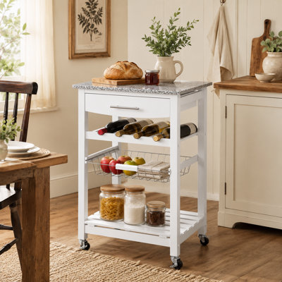 White metal frame mobile kitchen island cart, marble countertop with drawers and pull-out metal baskets, multi-functional storage dining cart with casters.