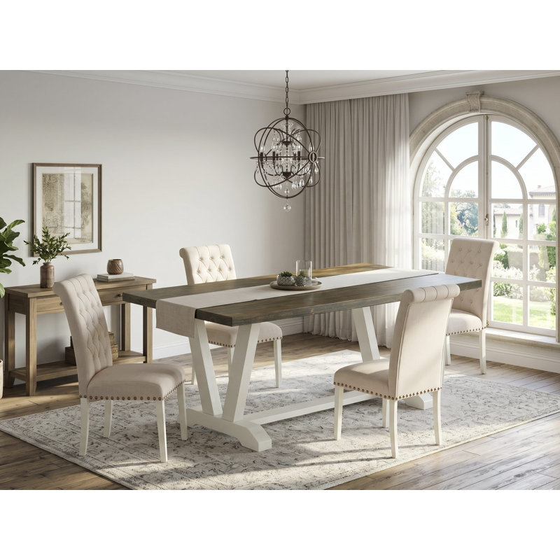5-piece Modern dining set consists of a Distressed Jacobean dining room table and 4 light beige linen fabric parson chairs with button tufted back - Wire Brushed Linen White