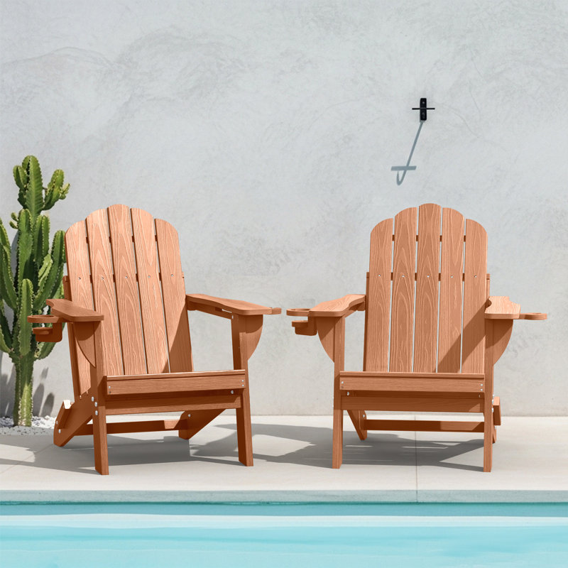 Dauji Oversize Adirondack Chair Weather-Resistant Foldable Patio Chair Wood Texture Fire Pit Chair With Cup Holder, Teak