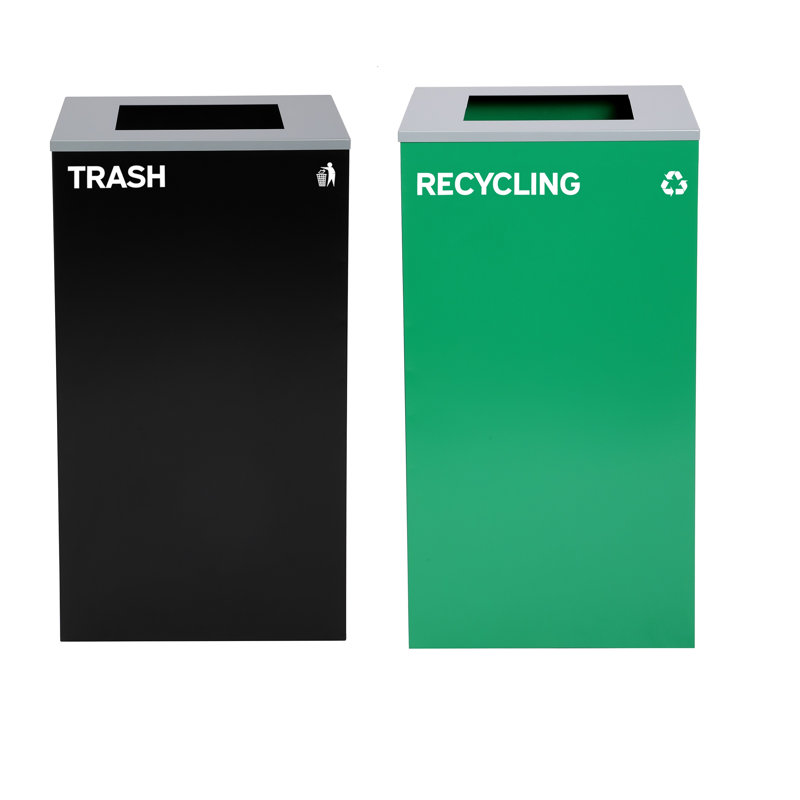 Ensemble de poubelles à couvercle ouvert en acier 29 gallons avec couvercle carré, Noir/vert