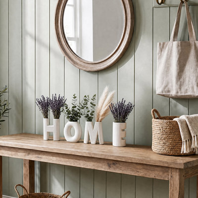 4 Piece White Ceramic HOME Letter Vase Set with Ribbed Texture, Decorative Vases for Flowers and Greenery, Farmhouse and Coastal Shelf Decor