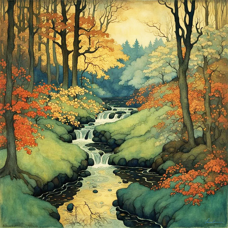 «Tranquil Forest Stream in Autumn», art mural sur toile tendue, H 12 po x l 12 po x P 1 po