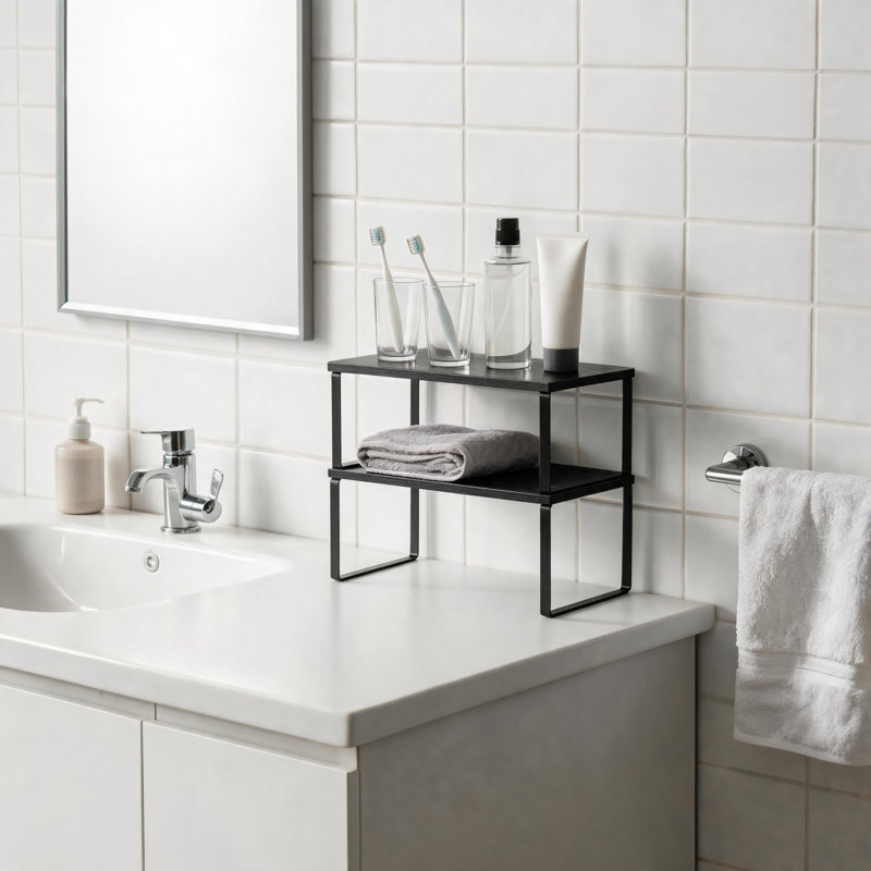 Black Wood Grain Double-Layer Metal Shelf, Stackable And Adjustable, For Storing Condiments And Tableware On The Kitchen Countertop.