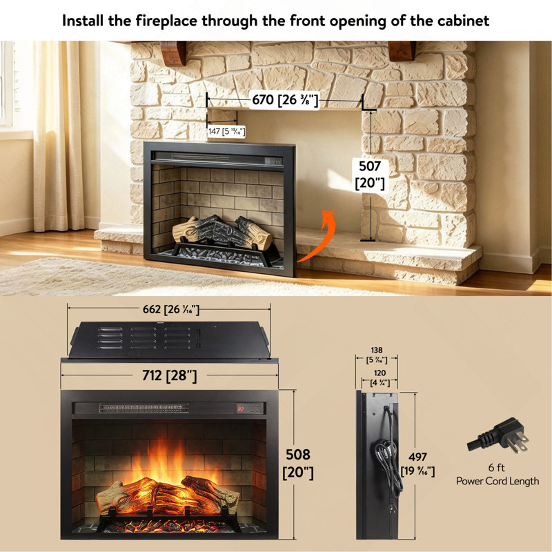 Foyer électrique encastré de 71 cm (28 po) avec flammes multicolores, chauffage intérieur pour salon