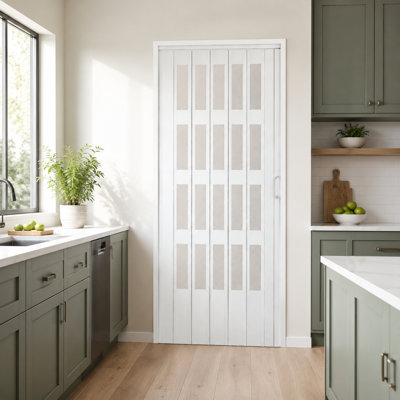36" x 80" White Double-Layer 3-Lite PVC Interior Accordion Folding Door with Hardware Kit