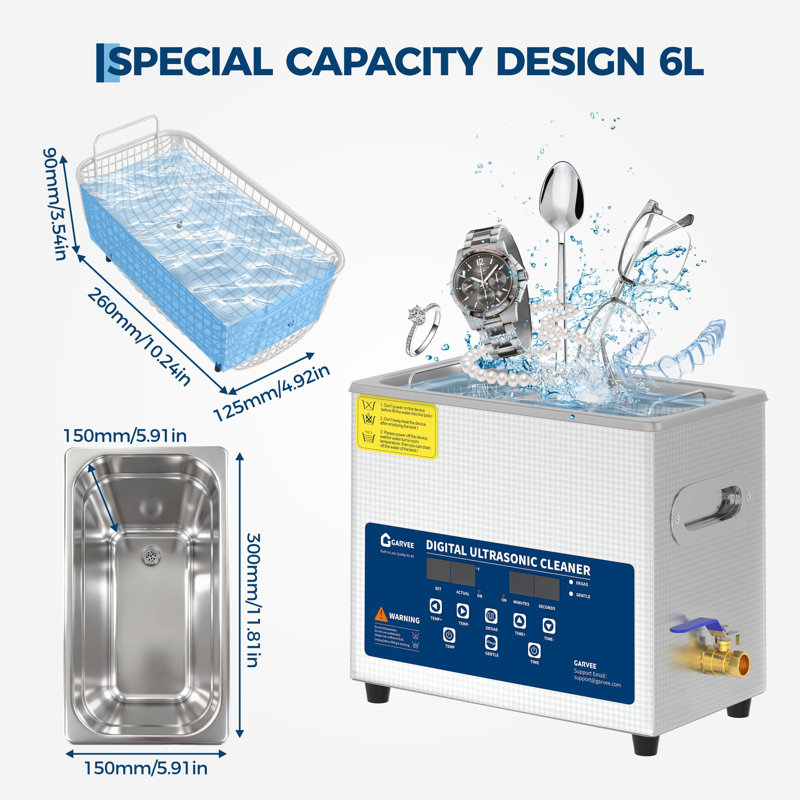 Ultrasonic Cleaner with Digital Timer & Heater, Professional Washer, Stainless Steel Tank for Jewelry, Lab Parts, Dentures, 6L