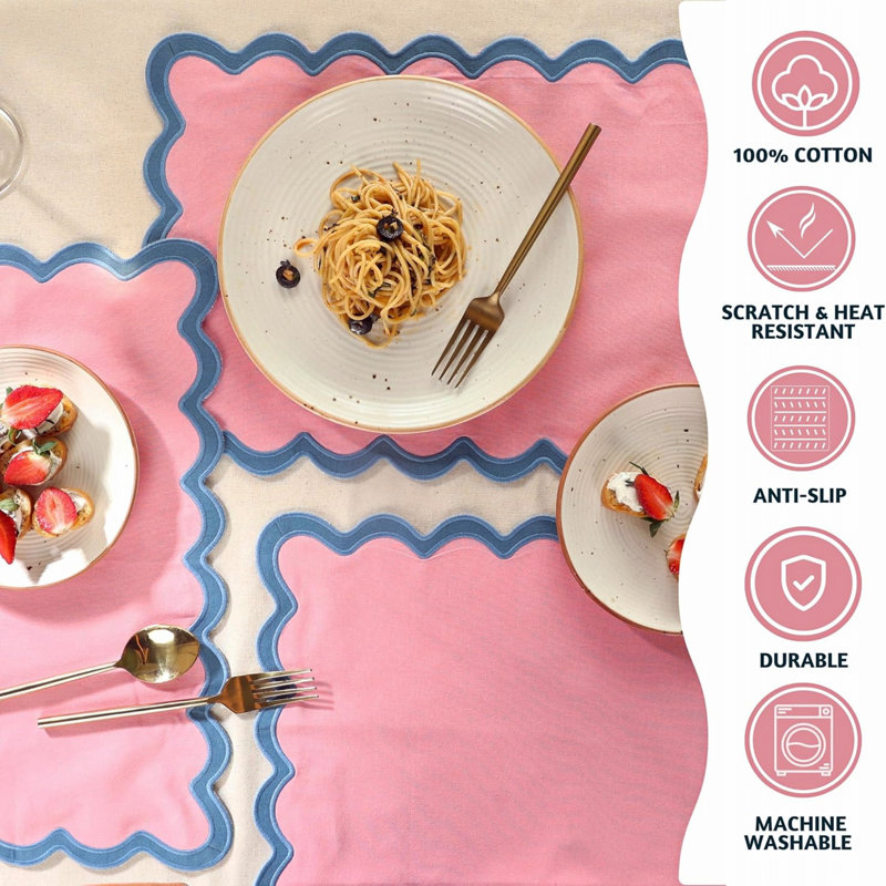 Blush and Blue Scalloped Cotton Placemats Set of 4