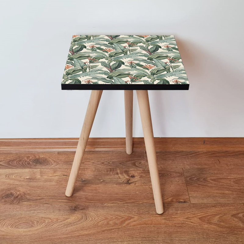 Table d'appoint moderne avec pieds en bois de hêtre, vert, blanc et orange, 13,8 x 16,5 x 13,8 pouces | 100% panneau de fibres à densité moyenne avec une épaisseur de 0,7 pouce | Design floral élégant, parfait pour le salon et la chambre à coucher