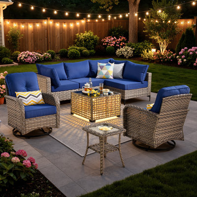 Tommy Outdoor Wicker 6 Person Seating Group With Cushions With Rocking And Swivel Chairs
