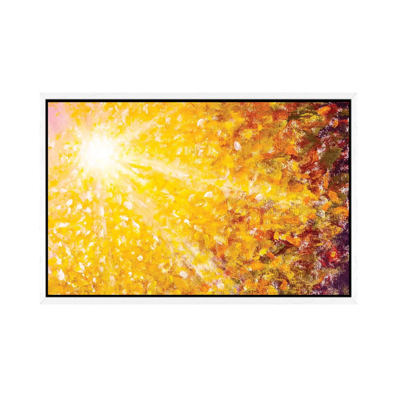Beautiful Sun Rays Sunshine In Orange Gold Autumn by Valery Rybakow - Painting on Canvas, White Framed