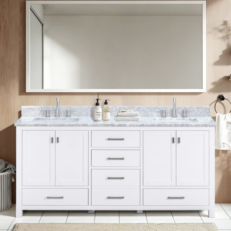Meuble-lavabo double 72 po avec plateau Souther, Blanc, 73", Marbre blanc de Carrare