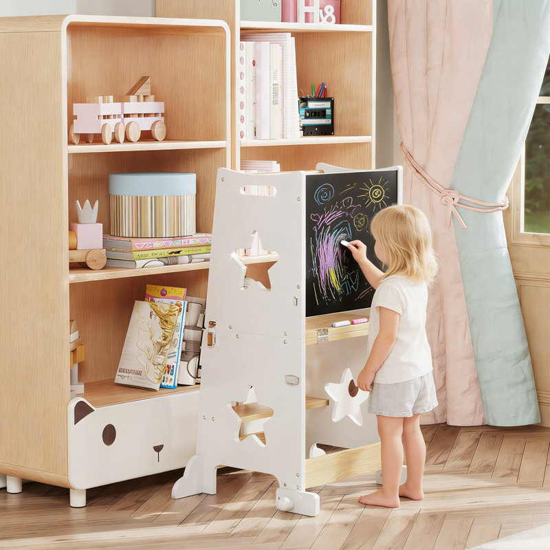 Tour d'apprentissage pour tout-petits avec tableau noir, marchepied pliable 3 en 1 pour enfants, tour d'aide à la cuisine en bois convertible et table d'activités pour les enfants de 2 à 6 ans