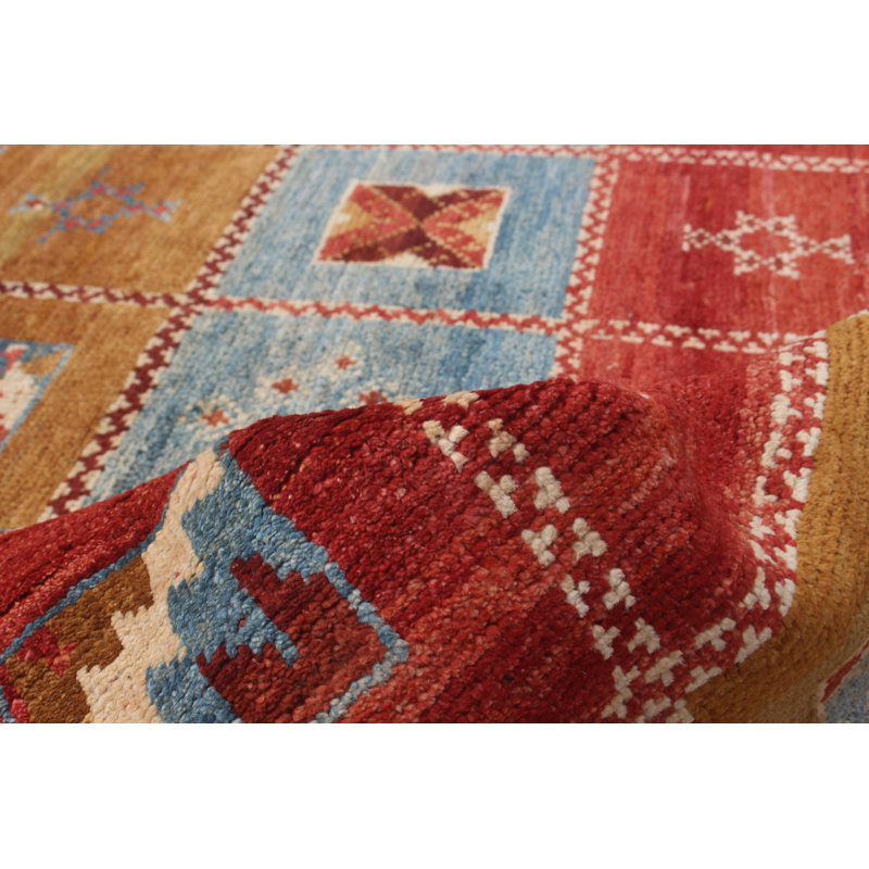 Tapis unique rouge / brun / bleu en laine noué à la main de style années 2010 de 6 pi 4 po x 8 pi 8 po Nemisco