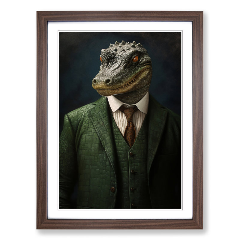 Crocodile In A Suit Painting No.2 - Single Picture Frame Print on Wood, Walnut Framed, 64cm H x 46cm W