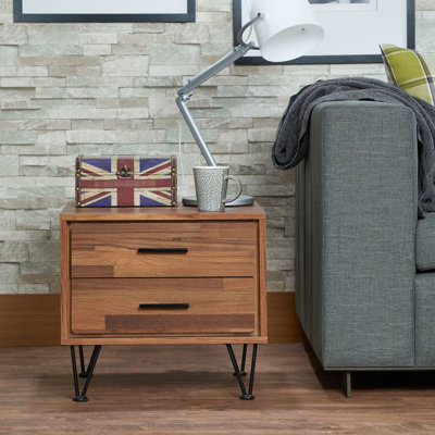 Walnut Accent Table With 2 Drawer Storage And Stable Metal Legs Boxes