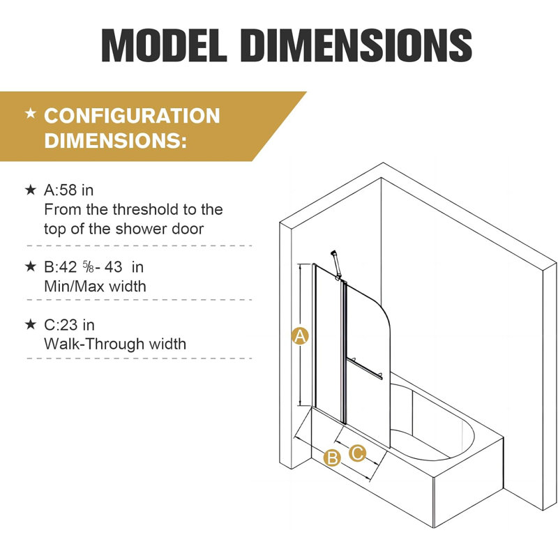 43 In X 58 In Tub Shower Door Panel, Frameless & Foldable Bathtub Glass Shower Door,180° Rotatable Pivot Glass Door Screen With 1/4" Thick Sgcc Tempered Glass