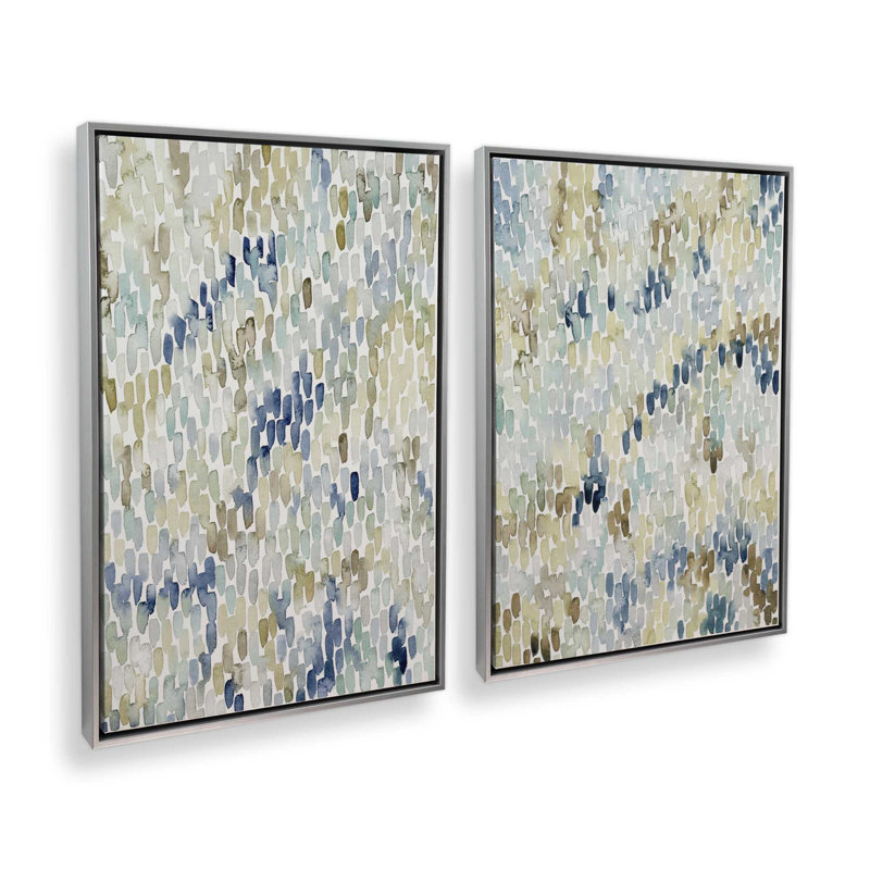 Ensemble de 2 abstrait fluides terreux bleus, H 37 po x l 50 po, Cadre flottant en chrome poli