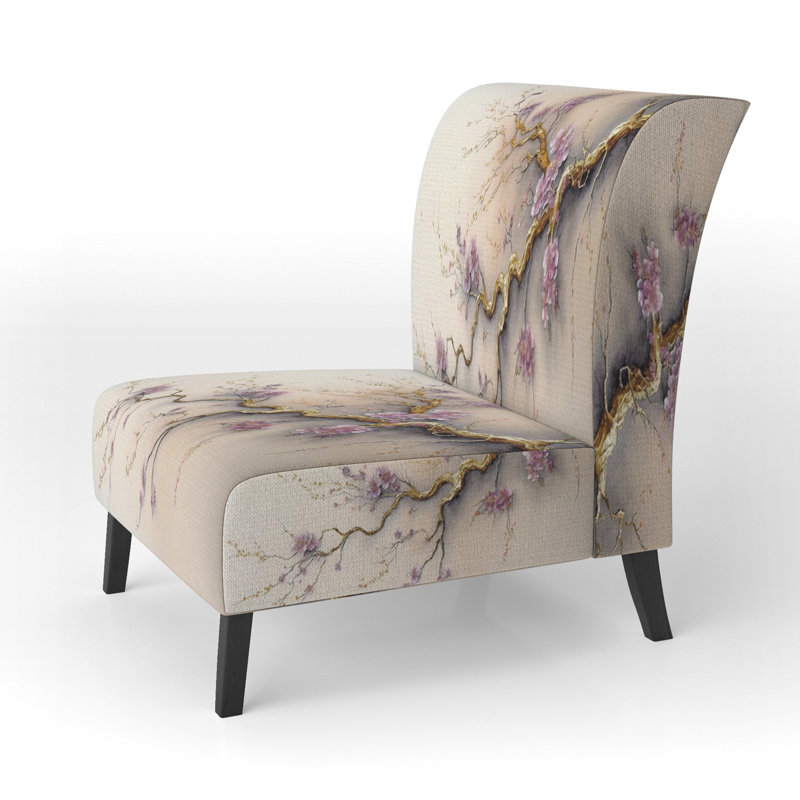 Pink And Plum Cherry Blossom Branch V - Velvet Upholstered Japanese Slipper Chair, Cherry Blossom Accent Chair