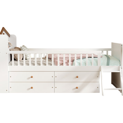 Cadre de lit simple blanc avec 4 tiroirs, garde-corps sur toute la longueur, tête de lit et 2 marches, rangement sous la tablette, aucun sommier nécessaire, installation rapide en blanc, plateforme avec rangement