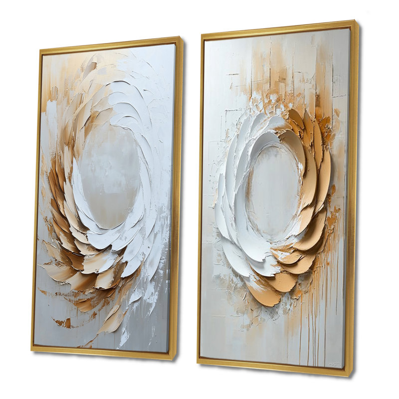 Spirales abstraites dans des tons de beige et de blanc I - ensemble de 2 pièces d'art botanique, H 32 po x l 32 po, Doré