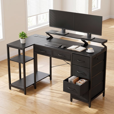 L-Shaped Gaming Desk, 55"W, Built-in LED Lights, 6 Fabric Drawers, MDF, Black