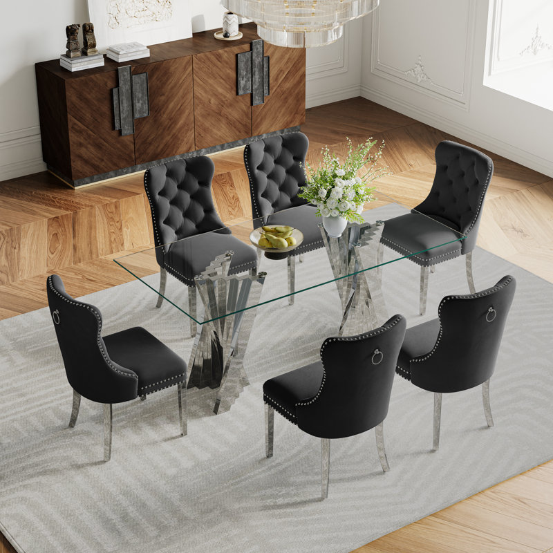 7-Piece Modern Dining Set – 70" Glass Dining Table With Stainless Steel Base & 6 Velvet Dining Chairs, Silver, Black/Silver