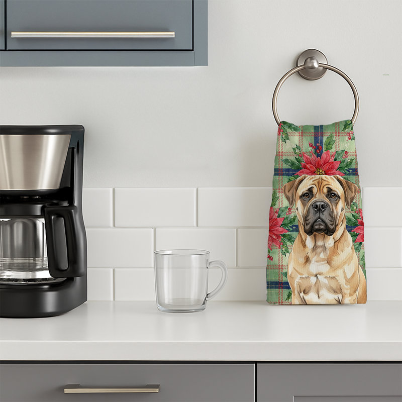 Bullmastiff Christmas PoinsettIas Kitchen Towel, Tan Bullmastiff